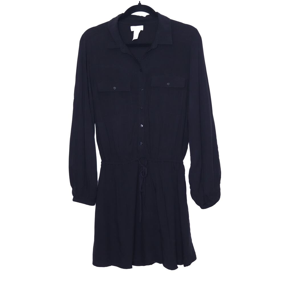 L Space Amelia Dress Black Long Sleeve Collared Popover Button Up Women's XS